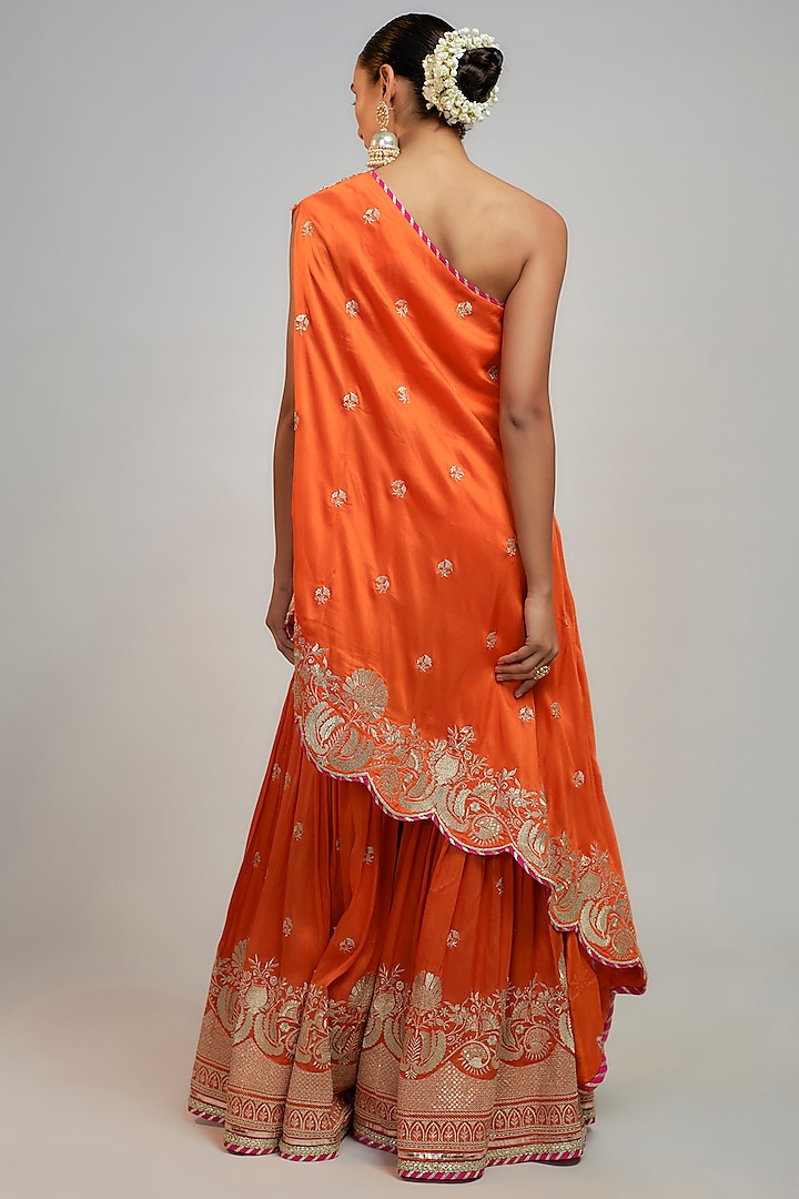 Orange Tussar Gold Embroidered Wedding Sharara Set by GOPI VAID at Pernia's Pop Up Shop