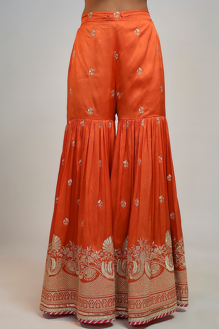 Orange Tussar Gold Embroidered Wedding Sharara Set by GOPI VAID at Pernia's Pop Up Shop