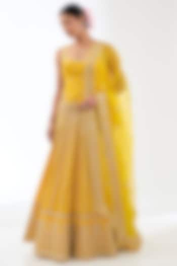 Yellow Tussar Embroidered Lehenga Set by GOPI VAID