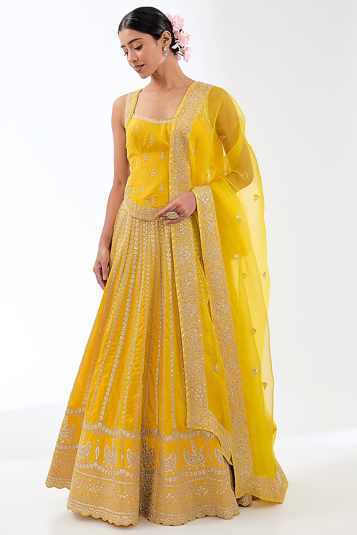 Yellow Tussar Embroidered Lehenga Set by GOPI VAID