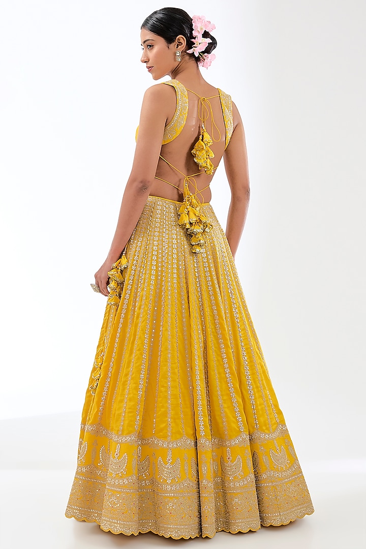 Yellow Tussar Embroidered Bridal Lehenga Set by GOPI VAID at Pernia's Pop Up Shop