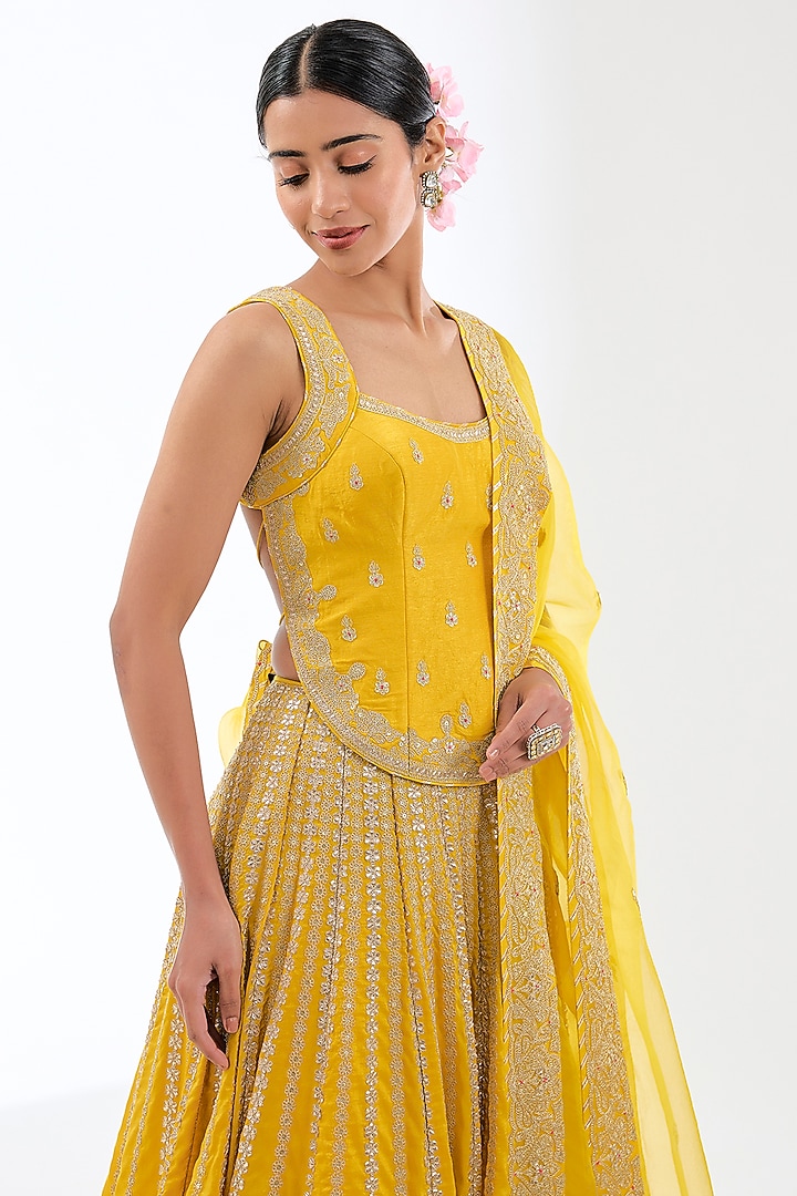 Yellow Tussar Embroidered Bridal Lehenga Set by GOPI VAID at Pernia's Pop Up Shop
