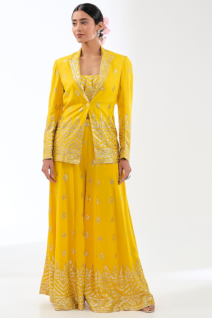 Yellow Cotton Silk Sequins & Threadwork Sharara Set by GOPI VAID