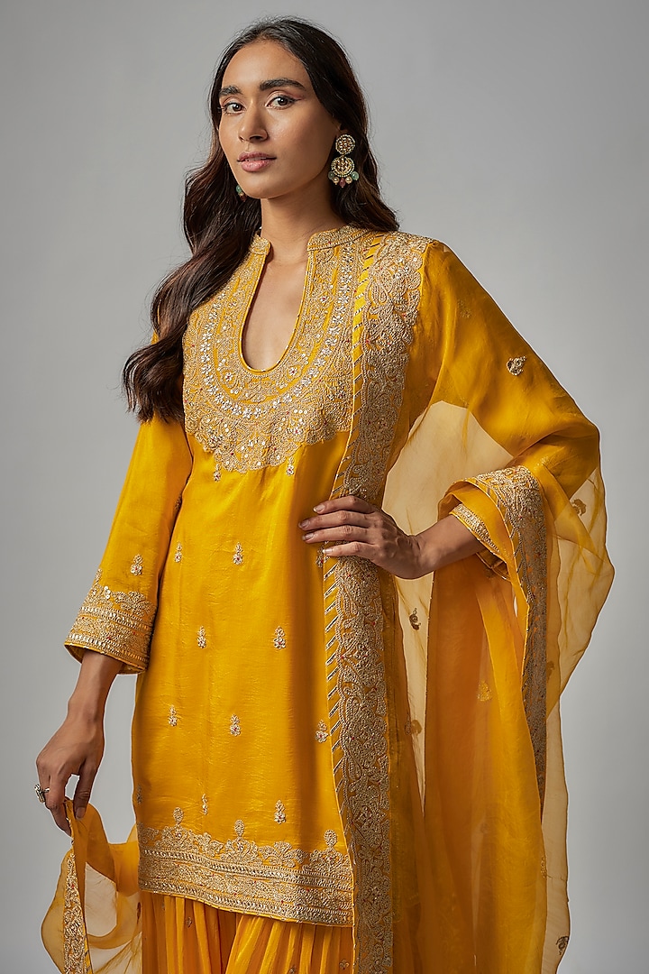 Yellow Tussar Gota Work Wedding Sharara Set by GOPI VAID at Pernia's Pop Up Shop