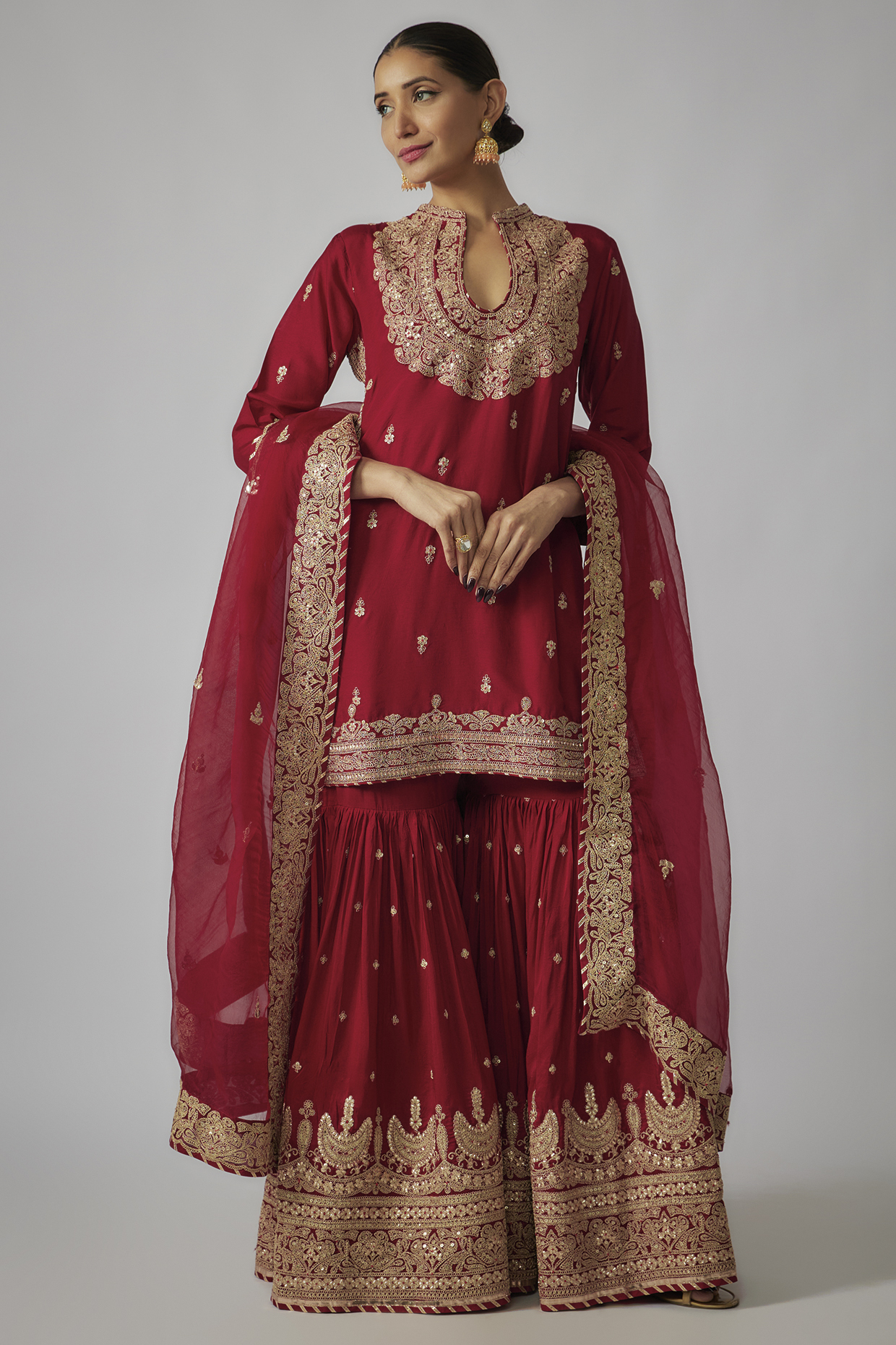 Red Tussar Sequins & Marodi Work Wedding Sharara Set by Gopi Vaid at Pernia's Pop Up Shop