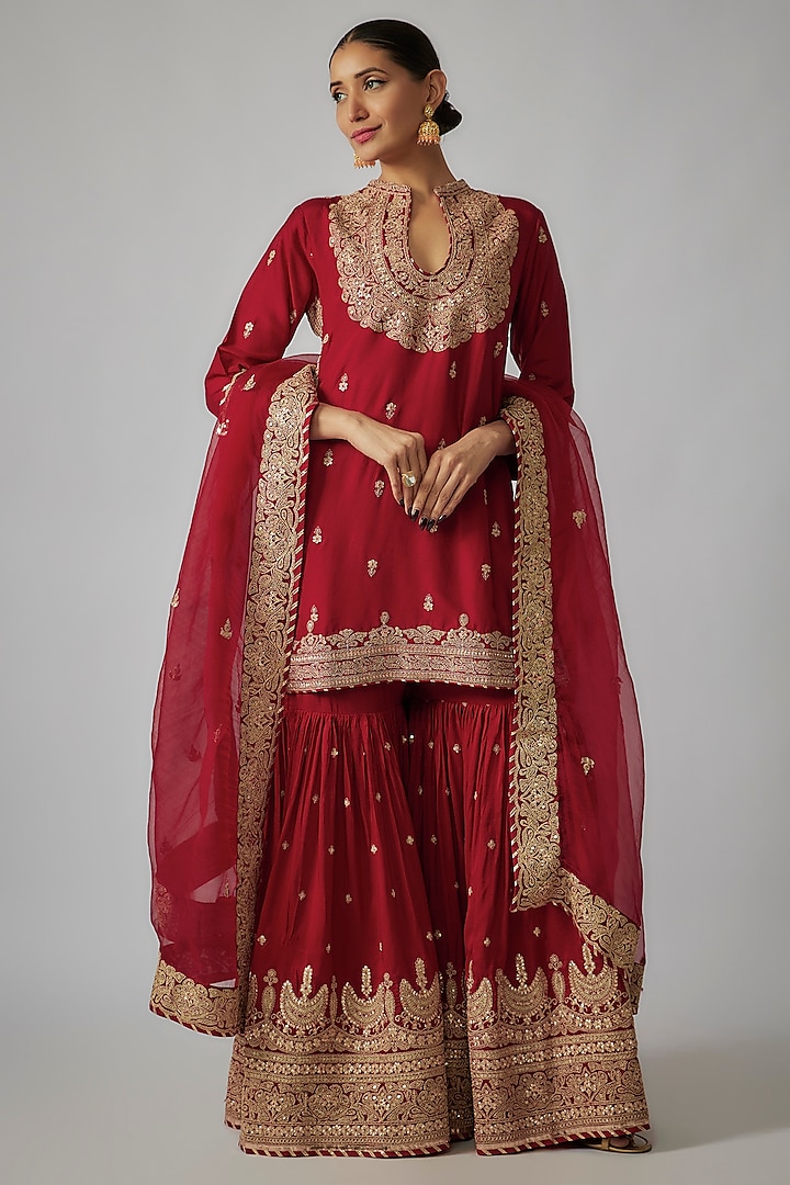 Red Tussar Sequins & Marodi Work Wedding Sharara Set by Gopi Vaid at Pernia's Pop Up Shop