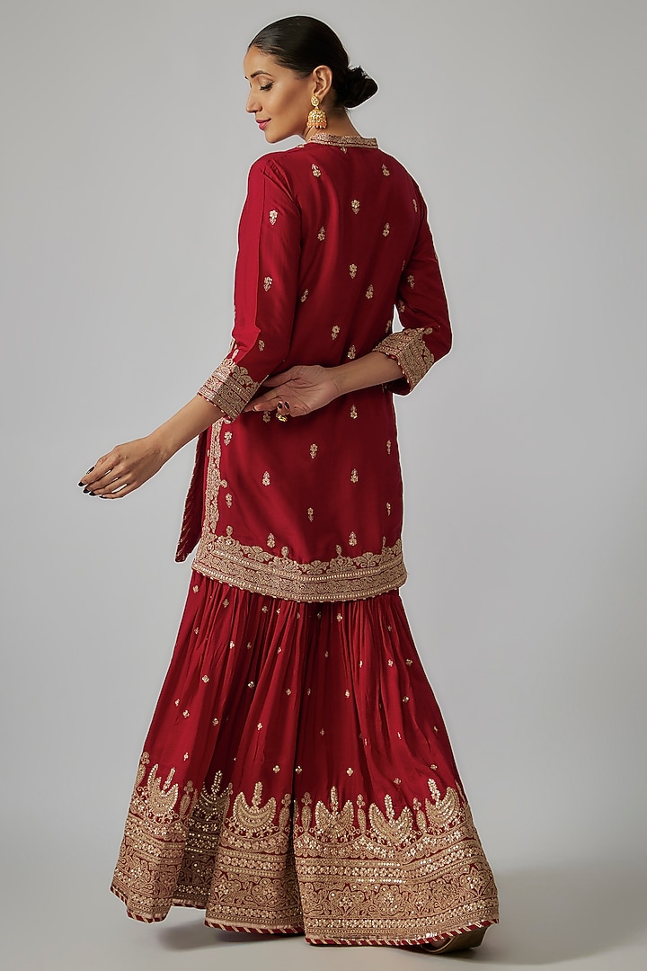 Red Tussar Sequins & Marodi Work Wedding Sharara Set by Gopi Vaid at Pernia's Pop Up Shop