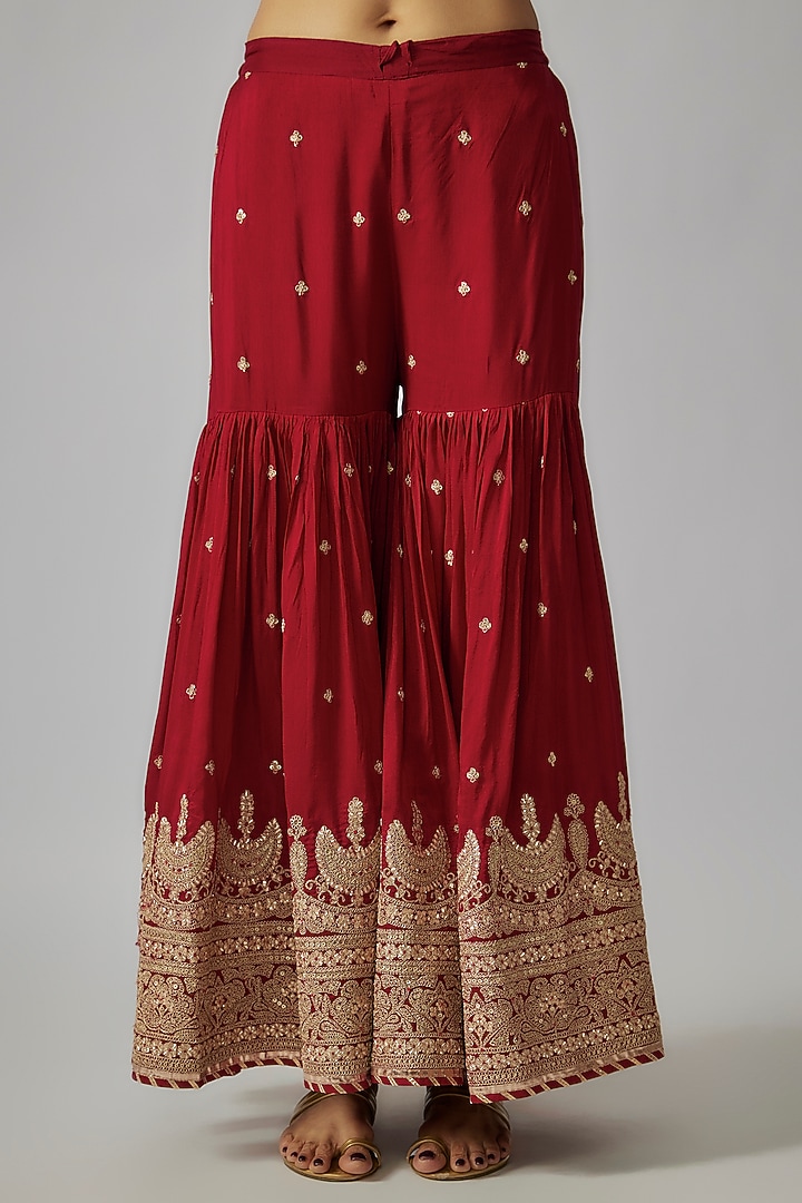 Red Tussar Sequins & Marodi Work Wedding Sharara Set by Gopi Vaid at Pernia's Pop Up Shop