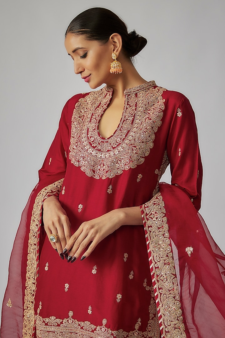 Red Tussar Sequins & Marodi Work Wedding Sharara Set by Gopi Vaid at Pernia's Pop Up Shop