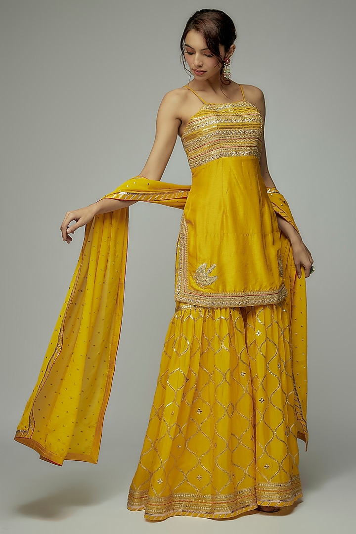Yellow Tussar Wedding Sharara Set by GOPI VAID at Pernia's Pop Up Shop