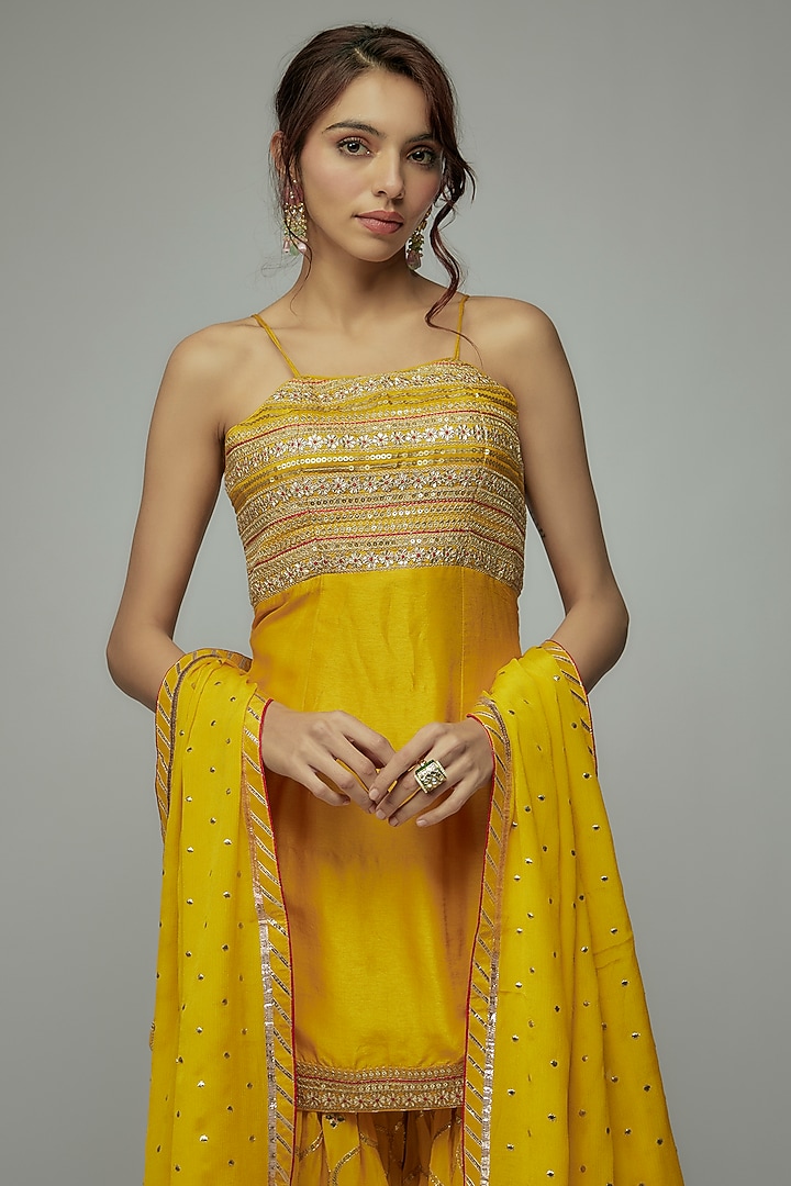 Yellow Tussar Wedding Sharara Set by GOPI VAID at Pernia's Pop Up Shop