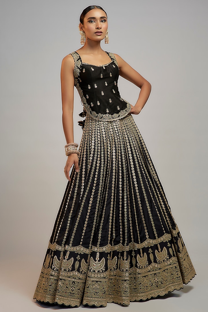 Black Tussar Hand & Machine Embroidered Bridal Lehenga Set by GOPI VAID at Pernia's Pop Up Shop