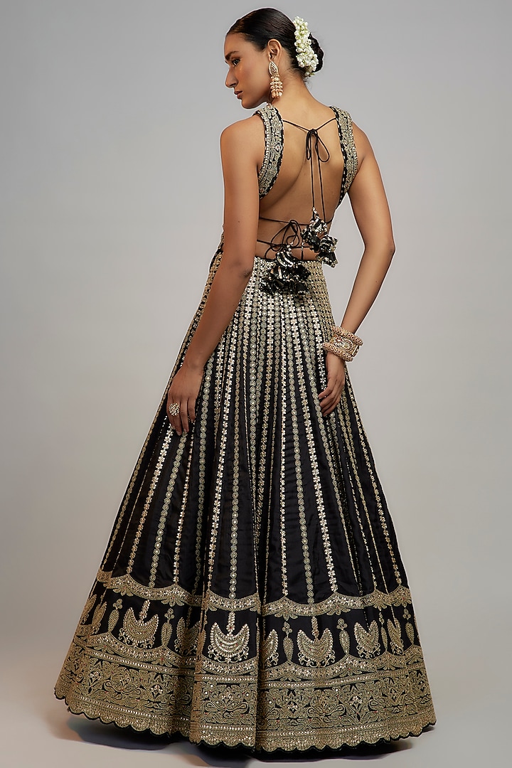 Black Tussar Hand & Machine Embroidered Bridal Lehenga Set by GOPI VAID at Pernia's Pop Up Shop