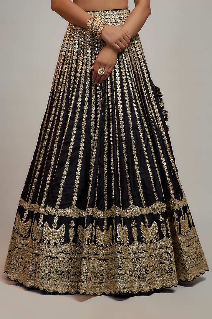 Black Tussar Hand & Machine Embroidered Bridal Lehenga Set by GOPI VAID at Pernia's Pop Up Shop