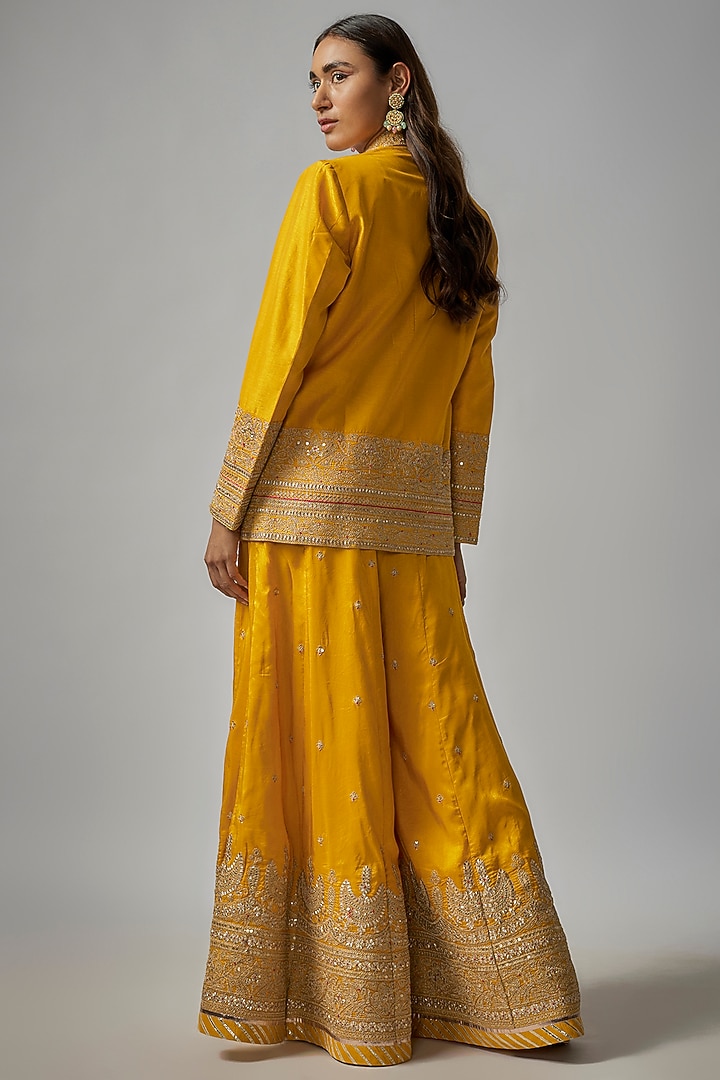 Yellow Tussar Embroidered Wedding Sharara Set by GOPI VAID at Pernia's Pop Up Shop