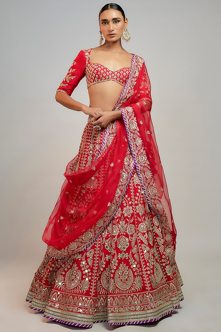 Red Tussar Thread Embroidered Lehenga Set by GOPI VAID