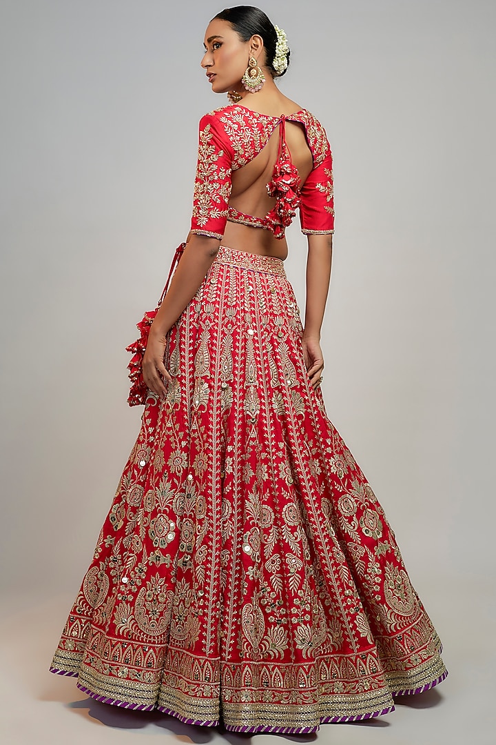 Red Tussar Thread Embroidered Bridal Lehenga Set by GOPI VAID at Pernia's Pop Up Shop