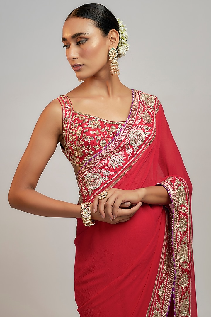 Red Georgette Hand Embroidered Wedding Saree Set by GOPI VAID at Pernia's Pop Up Shop