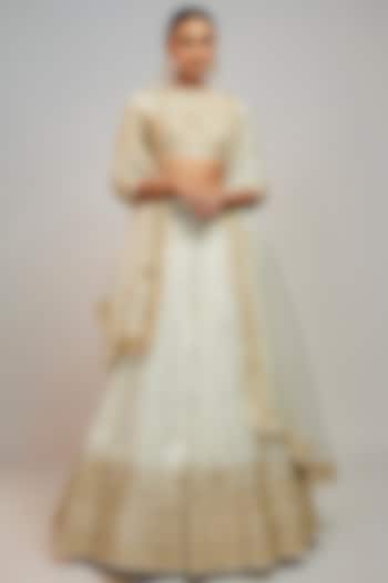 White Tussar Marodi Embroidered Wedding Lehenga Set by GOPI VAID at Pernia's Pop Up Shop