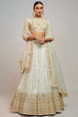 White Tussar Marodi Embroidered Lehenga Set by GOPI VAID