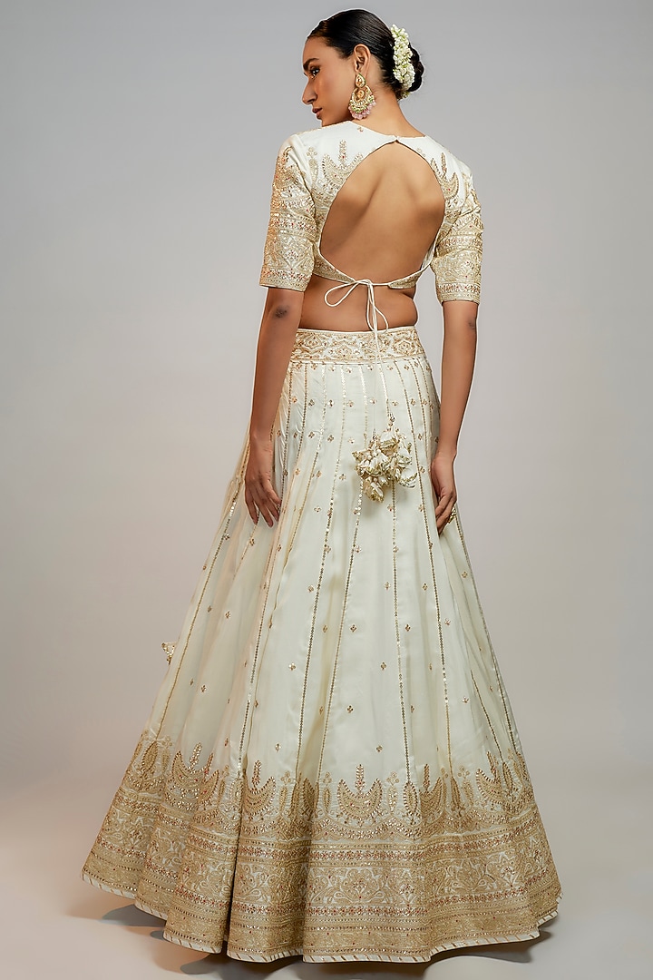 White Tussar Marodi Embroidered Wedding Lehenga Set by GOPI VAID at Pernia's Pop Up Shop