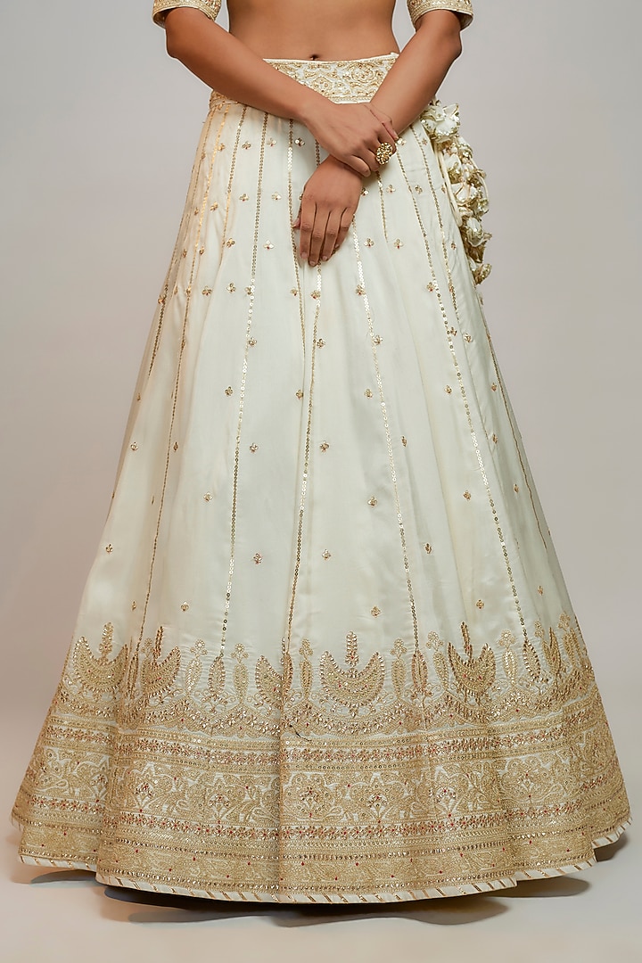 White Tussar Marodi Embroidered Wedding Lehenga Set by GOPI VAID at Pernia's Pop Up Shop