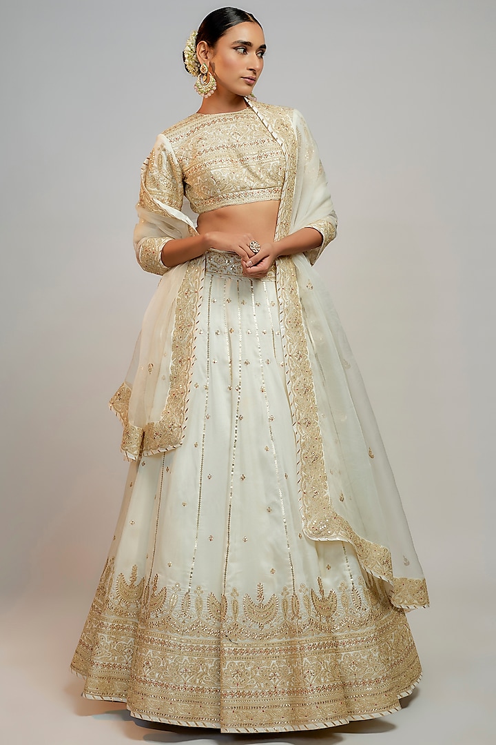 White Tussar Marodi Embroidered Wedding Lehenga Set by GOPI VAID at Pernia's Pop Up Shop