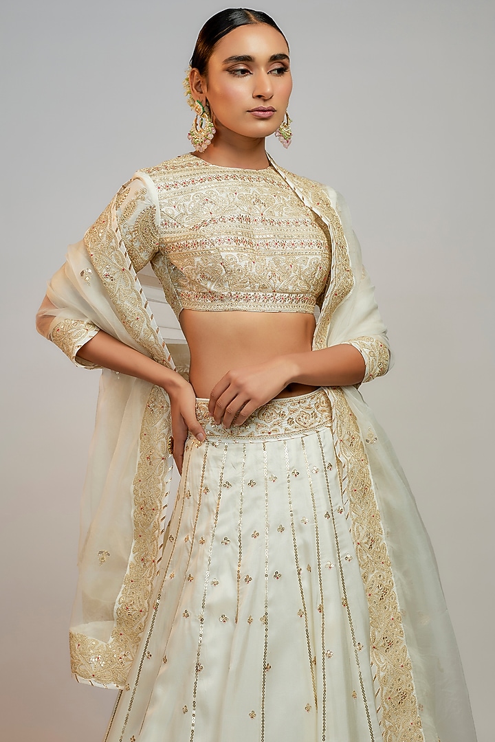 White Tussar Marodi Embroidered Wedding Lehenga Set by GOPI VAID at Pernia's Pop Up Shop