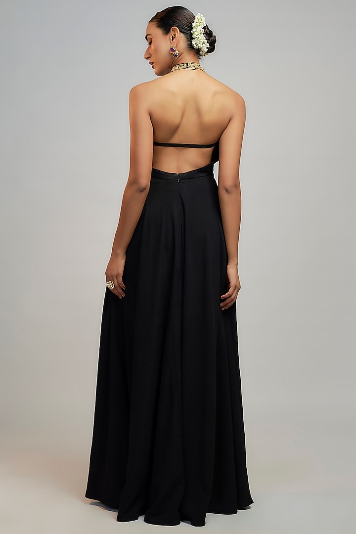 Black Tussar Hand & Machine Embroidered Engagement Gown by GOPI VAID at Pernia's Pop Up Shop