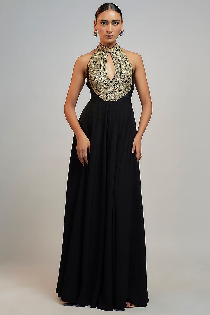 Black Tussar Hand & Machine Embroidered Engagement Gown by GOPI VAID at Pernia's Pop Up Shop