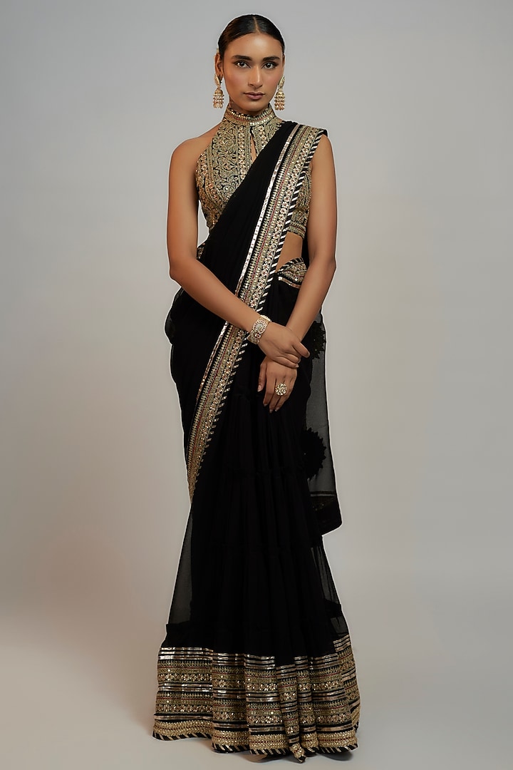 Black Chiffon Sequins Hand & Machine Embroidered Wedding Lehenga Saree Set by GOPI VAID at Pernia's Pop Up Shop