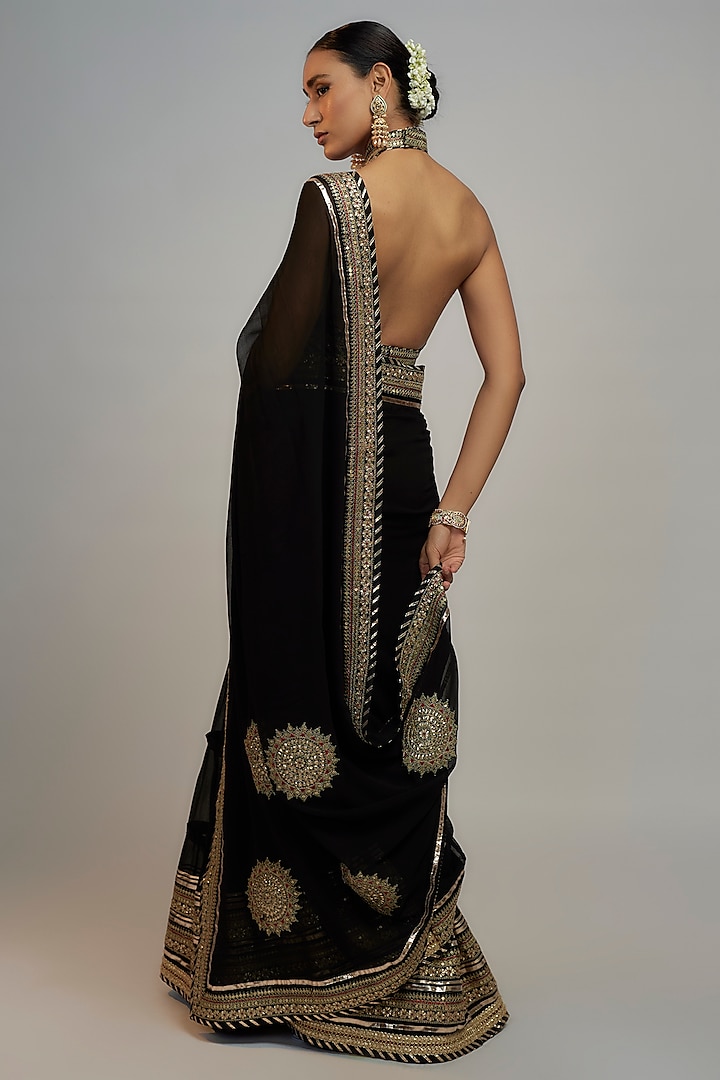 Black Chiffon Sequins Hand & Machine Embroidered Wedding Lehenga Saree Set by GOPI VAID at Pernia's Pop Up Shop