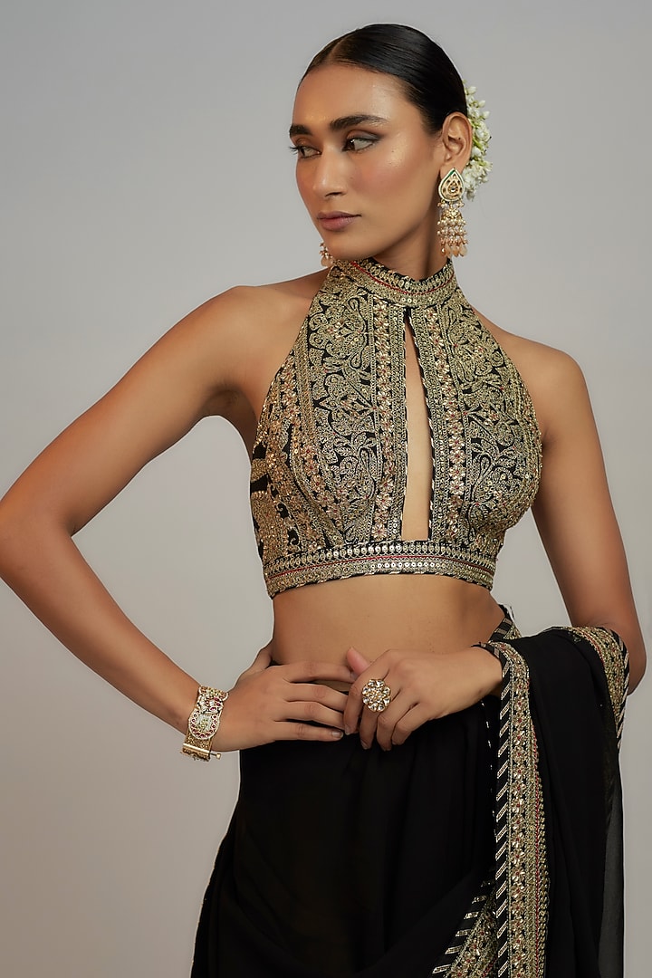 Black Chiffon Sequins Hand & Machine Embroidered Wedding Lehenga Saree Set by GOPI VAID at Pernia's Pop Up Shop