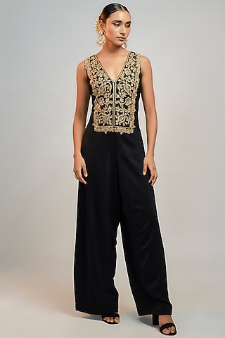 Black Velvet Hand & Machine Embroidered Jumpsuit by GOPI VAID