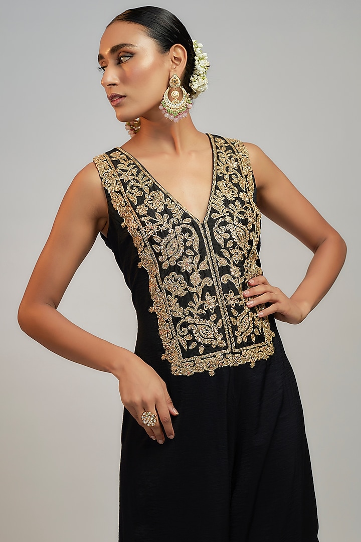 Black Velvet Hand & Machine Embroidered Jumpsuit by GOPI VAID at Pernia's Pop Up Shop