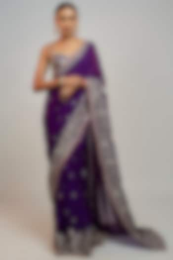 Purple Georgette Zardosi Hand & Machine Embroidered Lehenga Saree Set by GOPI VAID at Pernia's Pop Up Shop