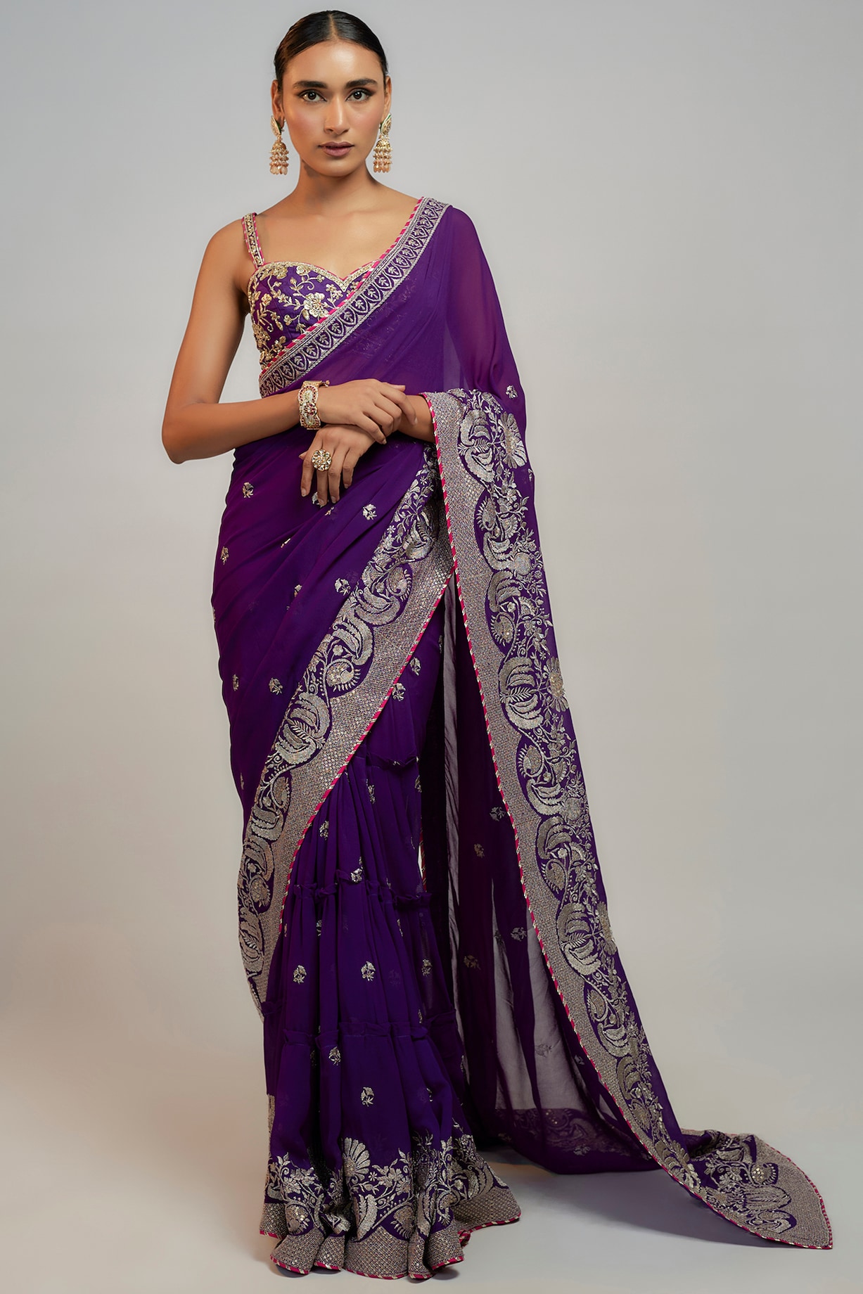 Purple Georgette Zardosi Hand & Machine Embroidered Lehenga Saree Set ...