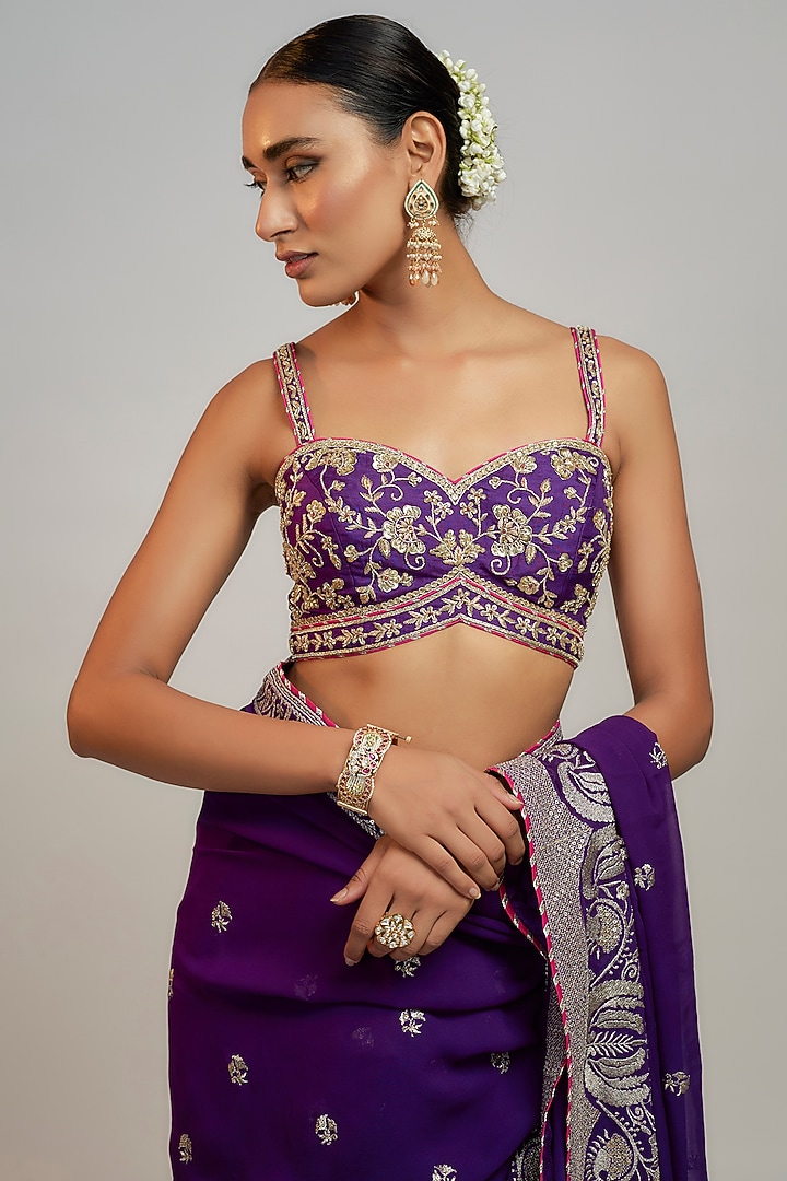 Purple Georgette Zardosi Hand & Machine Embroidered Wedding Lehenga Saree Set by GOPI VAID at Pernia's Pop Up Shop
