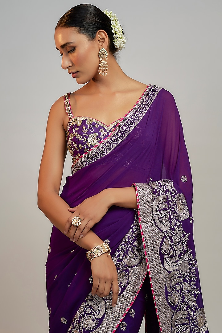 Purple Georgette Zardosi Hand & Machine Embroidered Wedding Lehenga Saree Set by GOPI VAID at Pernia's Pop Up Shop