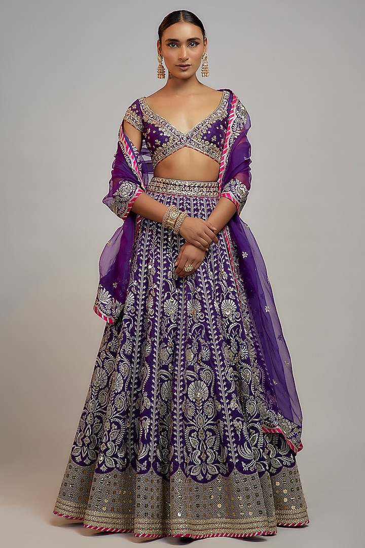 Purple Tussar Sequins & Gota Embroidered Bridal Lehenga Set by GOPI VAID at Pernia's Pop Up Shop