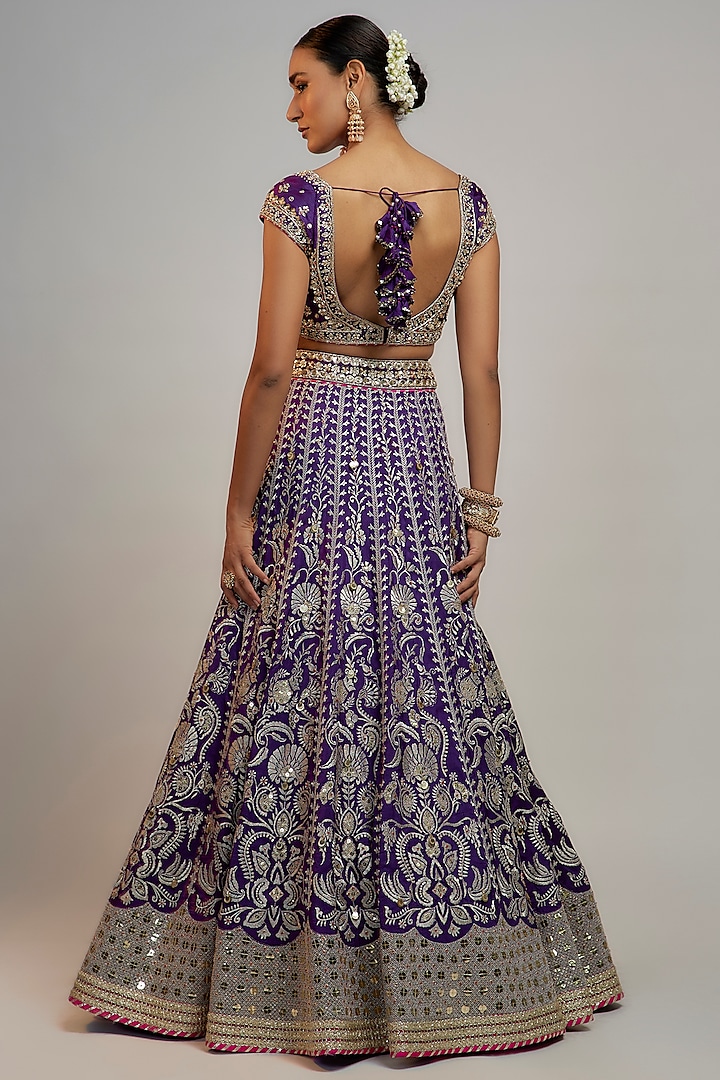Purple Tussar Sequins & Gota Embroidered Bridal Lehenga Set by GOPI VAID at Pernia's Pop Up Shop