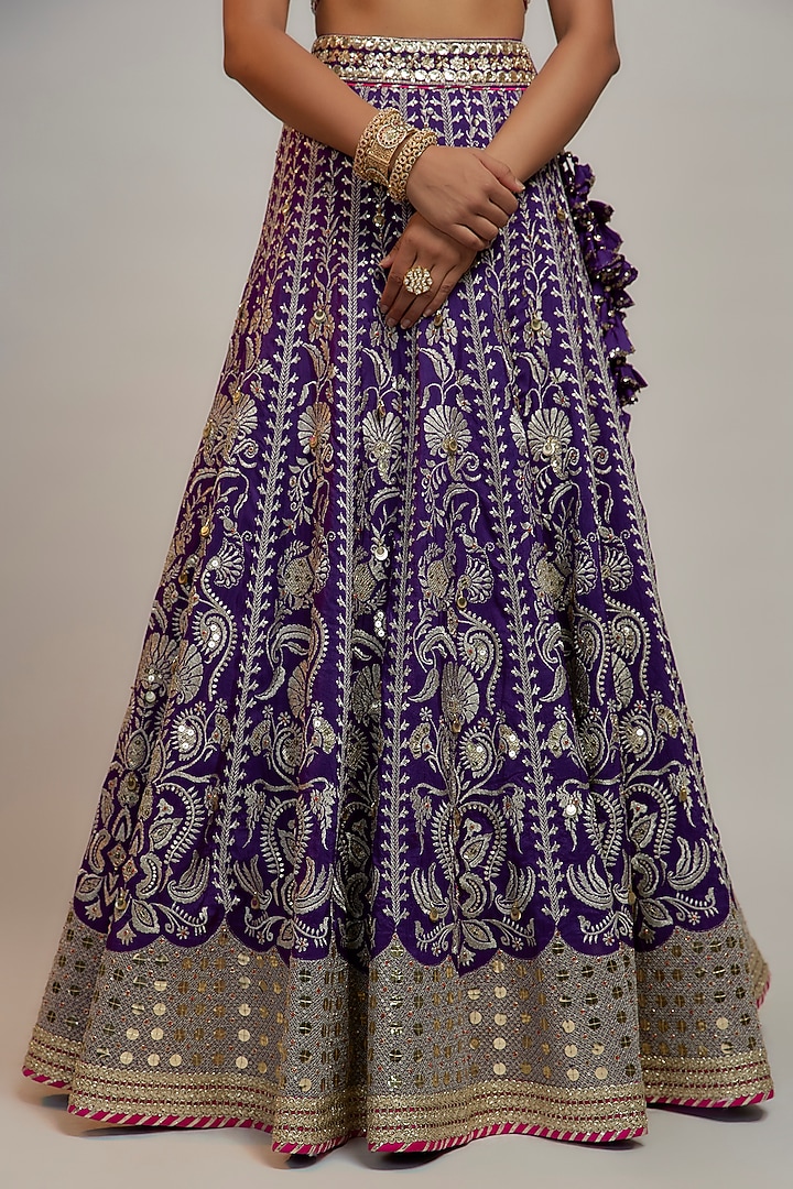Purple Tussar Sequins & Gota Embroidered Bridal Lehenga Set by GOPI VAID at Pernia's Pop Up Shop
