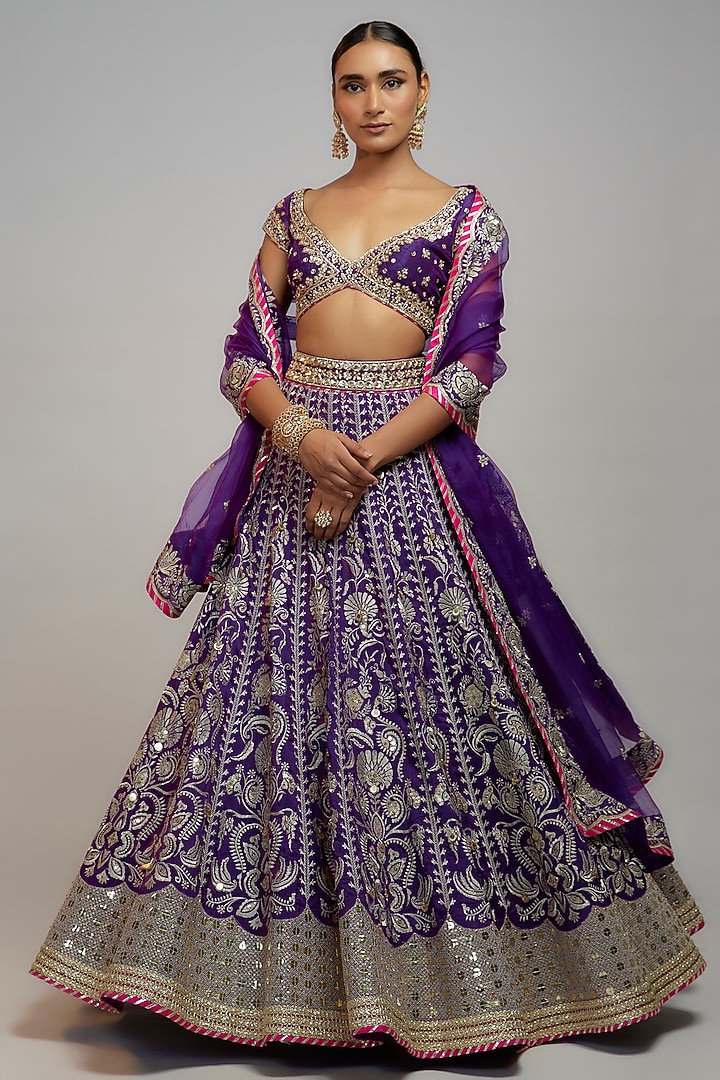 Purple Tussar Sequins & Gota Embroidered Bridal Lehenga Set by GOPI VAID at Pernia's Pop Up Shop
