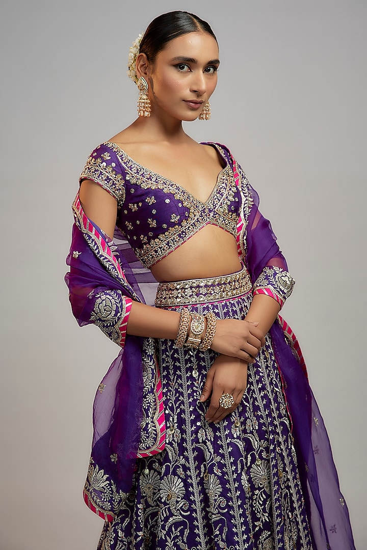 Purple Tussar Sequins & Gota Embroidered Bridal Lehenga Set by GOPI VAID at Pernia's Pop Up Shop