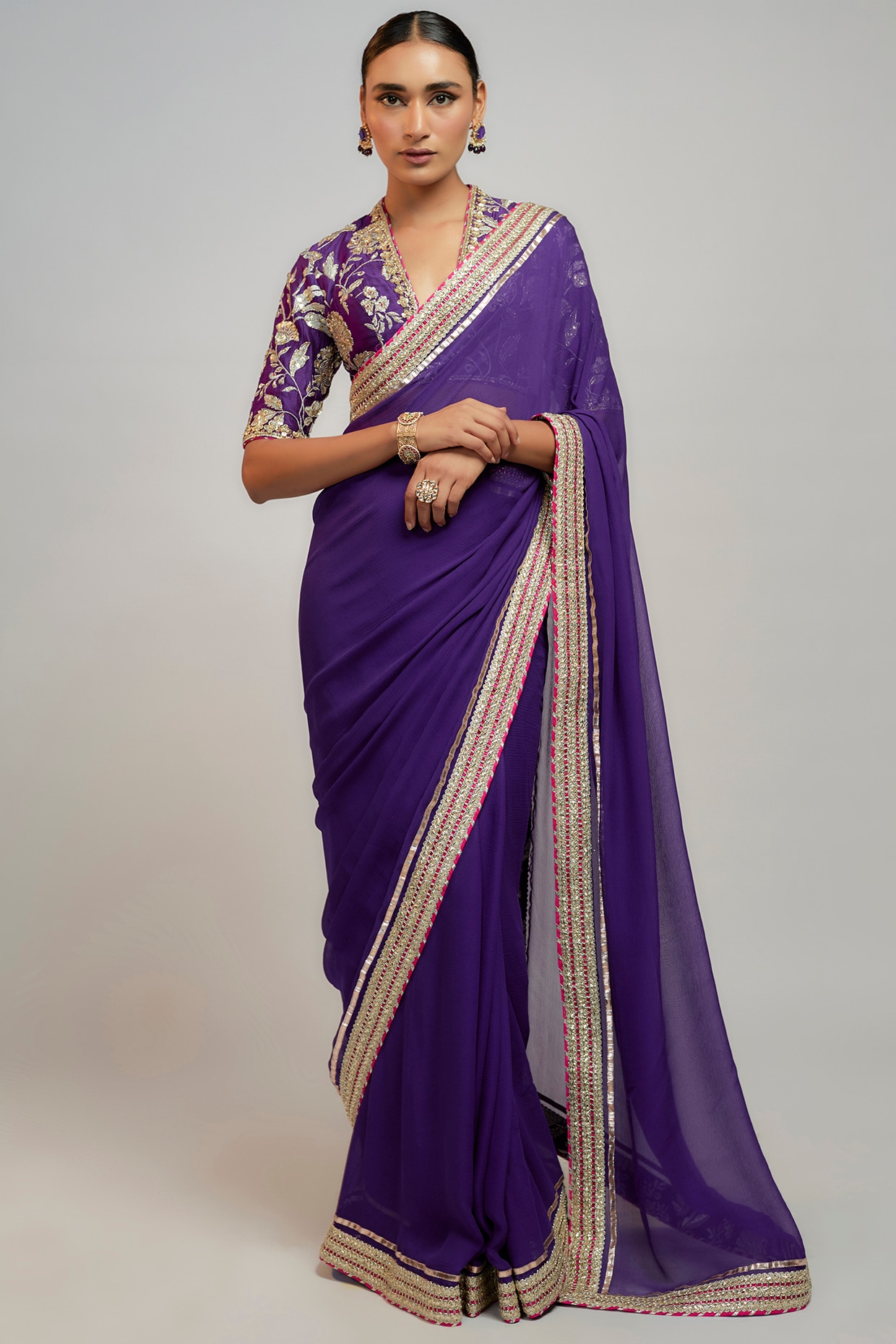 Buy Purple Printed Crinkle Georgette Saree With Blouse by Designer KAVITA  BHARTIA Online at Ogaan.com