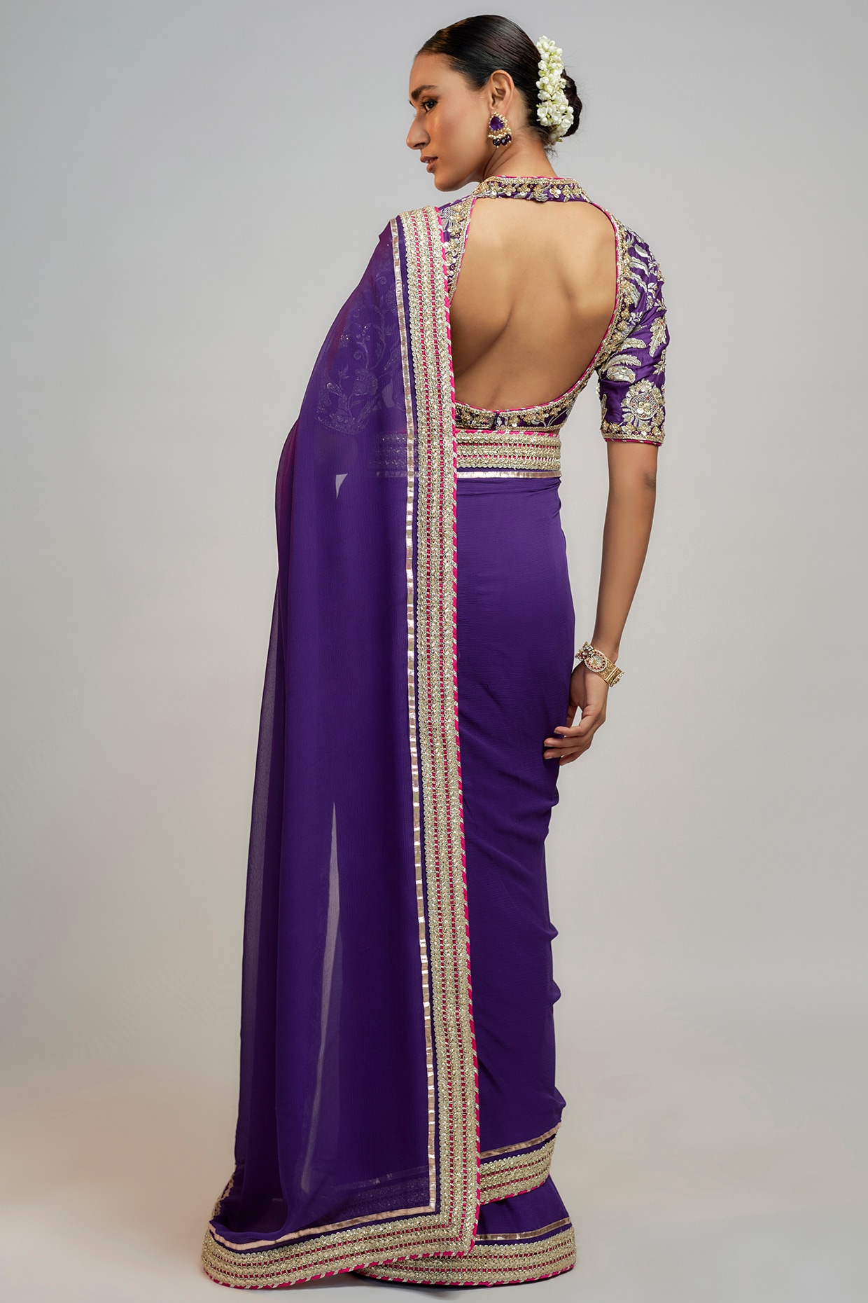 Purple & Golden Ethnic Motifs Zari Silk Blend Saree– Inddus.in