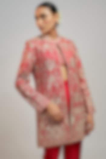 Red Tussar Jaal Embroidered Blazer by GOPI VAID