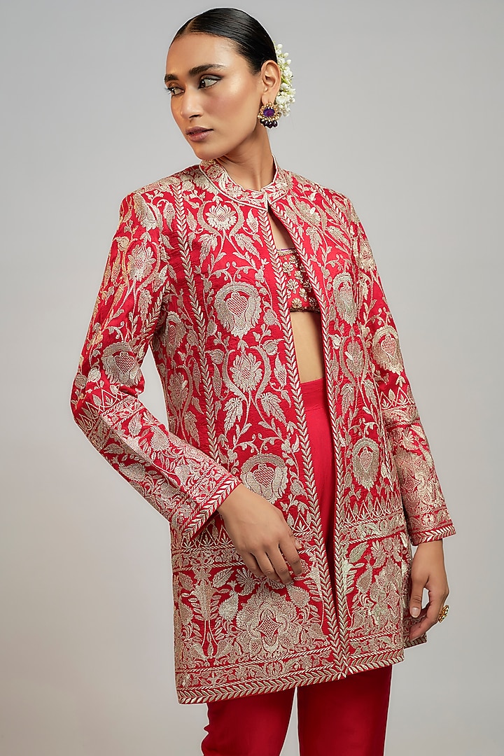Red Tussar Jaal Embroidered Blazer by GOPI VAID