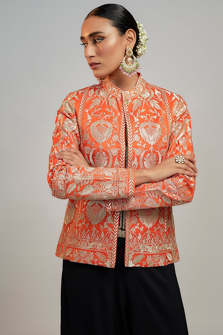 Orange Tussar Thread Embroidered Blazer by GOPI VAID