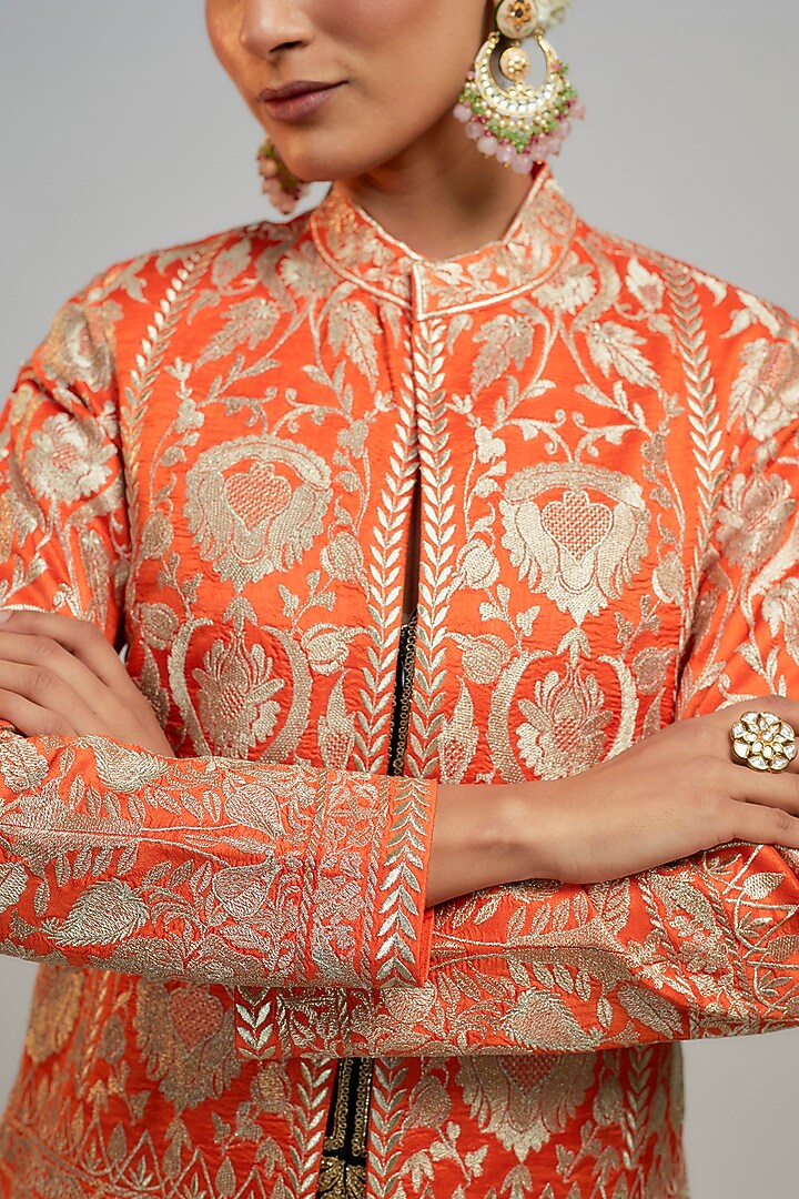 Orange Tussar Thread Embroidered Blazer by GOPI VAID at Pernia's Pop Up Shop
